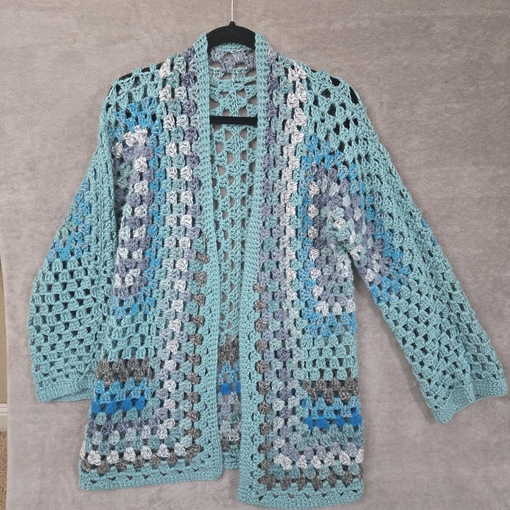 Crochet Hexigon Handmade Chunky Knit Cardigan Oversized Blue Boho 70s Handmade